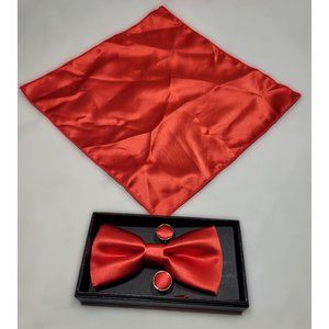 Luxury Bowtie Collection Men's Red Microfiber Bow Tie Handkerchief Cufflink Set